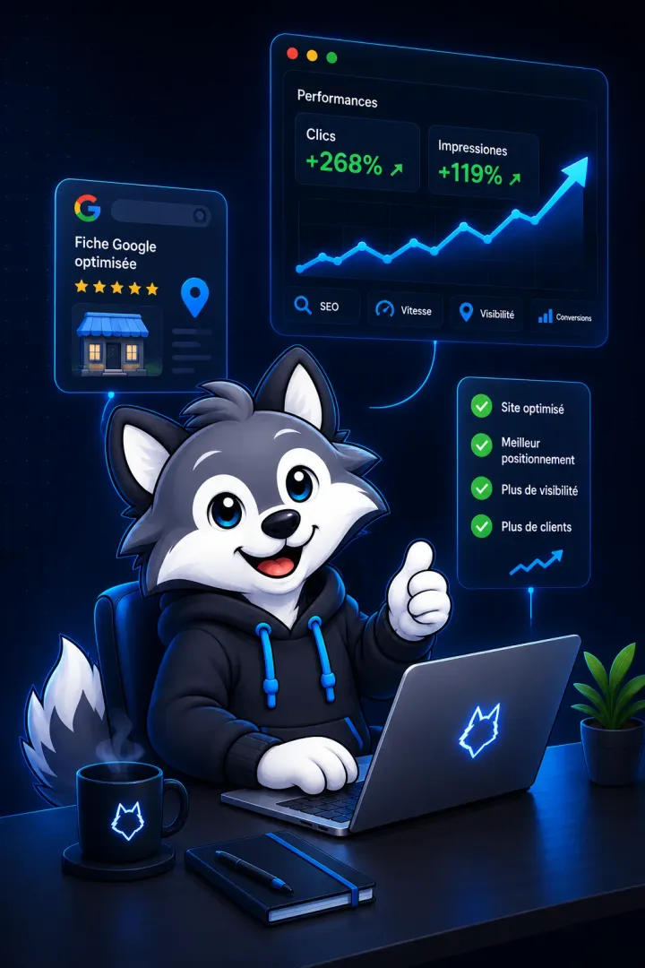 La mascotte loup de Wolfy Dev devant un tableau de bord de performances : hausse des clics et des impressions, fiche Google optimisée et gains de visibilité