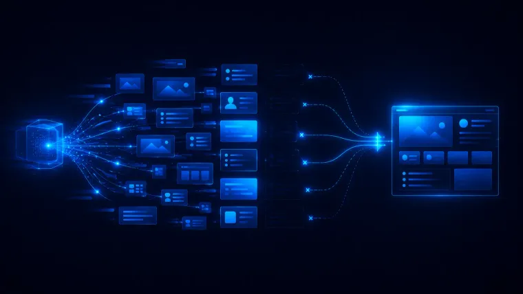 Illustration abstraite : un flux d'éléments générés automatiquement est trié et filtré avant de composer la maquette finale d'un site internet.